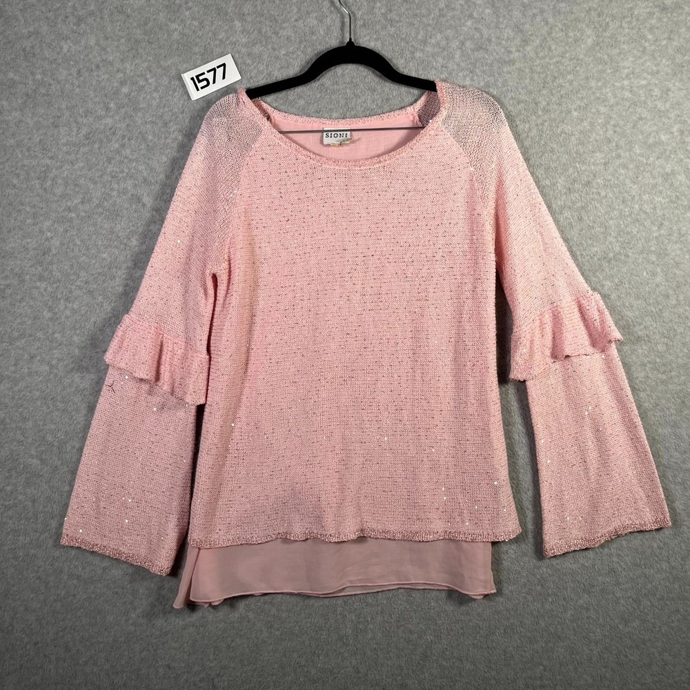 Sioni Studio Sweater Womens‎ Medium Pink Sequin Ruffle Tiered Sleeve Chiffon Hem